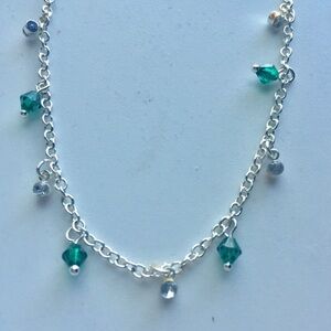 Delicate Silver Chain Anklet with Emerald Green Crystal Drops